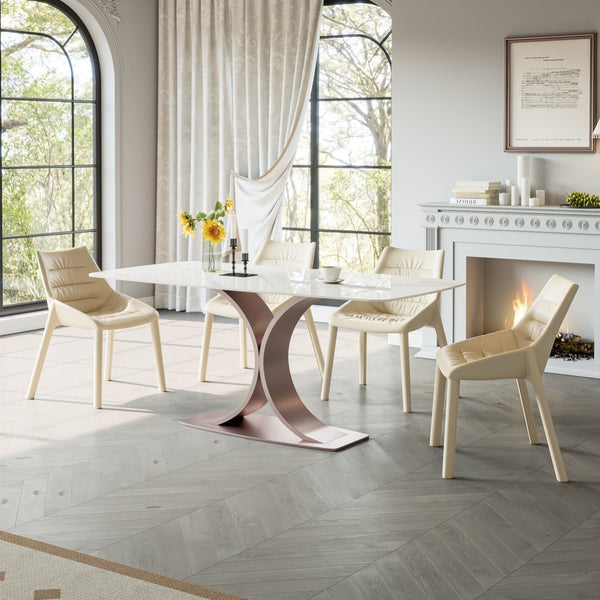 English Elm Carbon Steel Dining Table with Stone Top and Matte Black Frame for Modern Rooms W1002S00004