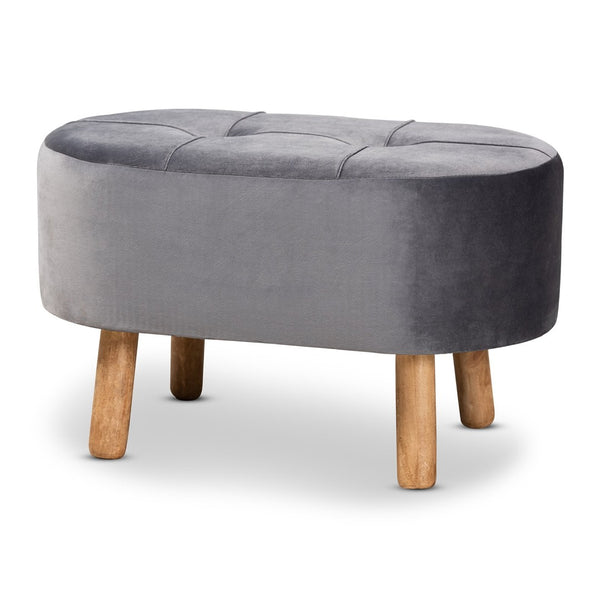 Baxton Studio Baxton Studio Grey Velvet Ottoman - Mid-Century Modern Accent with Button Tufting & Natural Wood Legs JY19A222-Grey/Natural-Otto