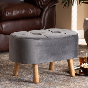 Baxton Studio Baxton Studio Grey Velvet Ottoman - Mid-Century Modern Accent with Button Tufting & Natural Wood Legs JY19A222-Grey/Natural-Otto