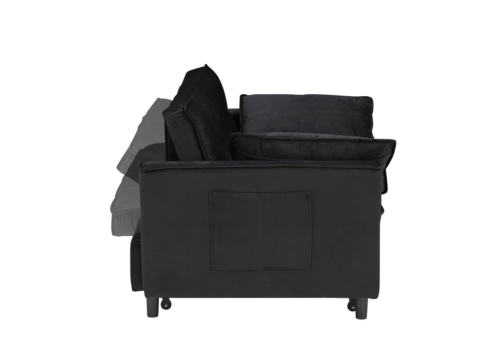 English Elm Modern Velvet Sofa Pull-Out Bed 3-in-1 Convertible Love Seat with Pillows, Spacious 500lb Support Black W3371P315001