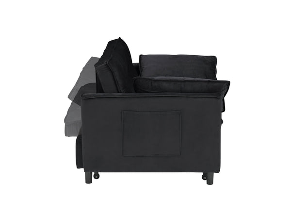English Elm Modern Velvet Sofa Pull-Out Bed 3-in-1 Convertible Love Seat with Pillows, Spacious 500lb Support Black W3371P315001
