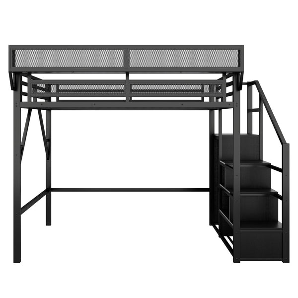 English Elm Queen Metal Loft Bed with Stair Storage Wardrobe and Under-bed Space for Teens W2580S00059