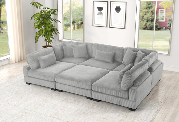 English Elm Bentley U-Shape Modular Sectional in Gray Corduroy with Wood Trim — Cozy, Customizable Comfort Design B009S02143