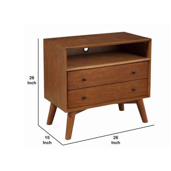 English Elm 2 Drawer Solid Wood Nightstand with Open Shelf and Splayed Legs for Modern Bedrooms B056P416796