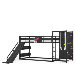 English Elm Twin Xl Metal Loft Bed with Climbing Wall Slide Basketball Hoop and Bookshelves W1580S00588