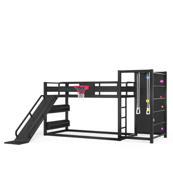 English Elm Twin Xl Metal Loft Bed with Climbing Wall Slide Basketball Hoop and Bookshelves W1580S00588