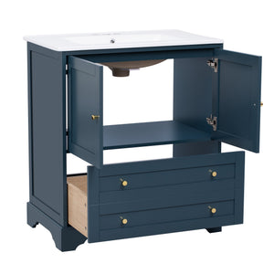English Elm 30'' Modern Navy Blue Bathroom Vanity With Ceramic Sink, Soft-Close Doors & Gold Handles For Style N710P228365C