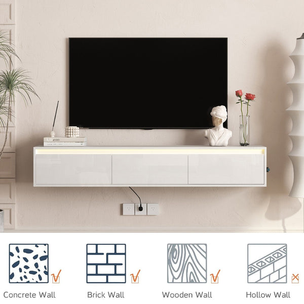 English Elm Floating Wall Mounted Tv Shelf with Led Lighting Power Outlets Gloss White Media Storage W1321P351899