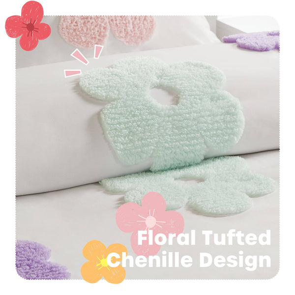 JLA Home Urban Habitat Kids - Floral Reversible Tufted Chenille Comforter Set for Kids — Whimsical Flower Pillow, Hypoallergenic Finish 88 L x 88 W x 1H UHK10-0227