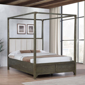 English Elm Sundance Dark Cocoa Queen Bed with Upholstered Channel Headboard and Light Canopy for Modern Romance B062S01363