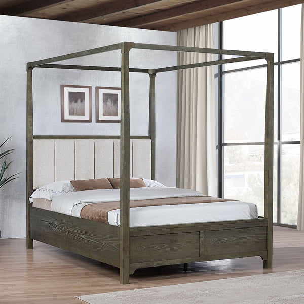 English Elm Sundance Dark Cocoa Queen Bed with Upholstered Channel Headboard and Light Canopy for Modern Romance B062S01363