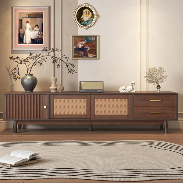 English Elm Mid Century Modern TV Stand with Rattan Sliding Doors, Solid Wood Legs, Drawers & Waterproof Top N710P257617P