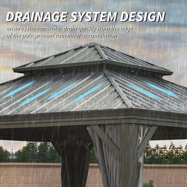 English Elm 12' X 12' Hardtop Gazebo with Drainage System, Dual-Layer Galvanized Roof, Curtains & Mosquito Netting Grey W1859S00139