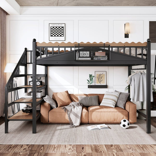 English Elm Full Size Metal Loft Bed with Stair Storage Shelves Bookshelf for Dorms Bedroom W1580S00378