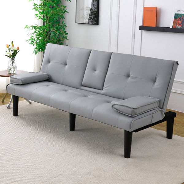 English Elm The 67-inch light gray PVC multifunctional sofa bed with cup holders, one-click fold, 500lb capacity W3371P354627