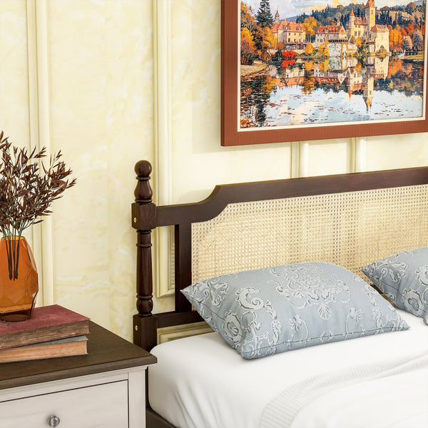 English Elm Queen Pine Rattan Bed in Espresso — Classic Pine Wood Queen Frame, Space-Saving Platform, 400lb Capacity W504P266746