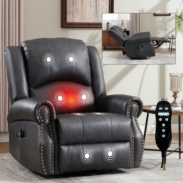 English Elm Heat Massage Rocker Swivel Recliner Chair with Lumbar Relief Nodes for Living Room Grey W3224S00030