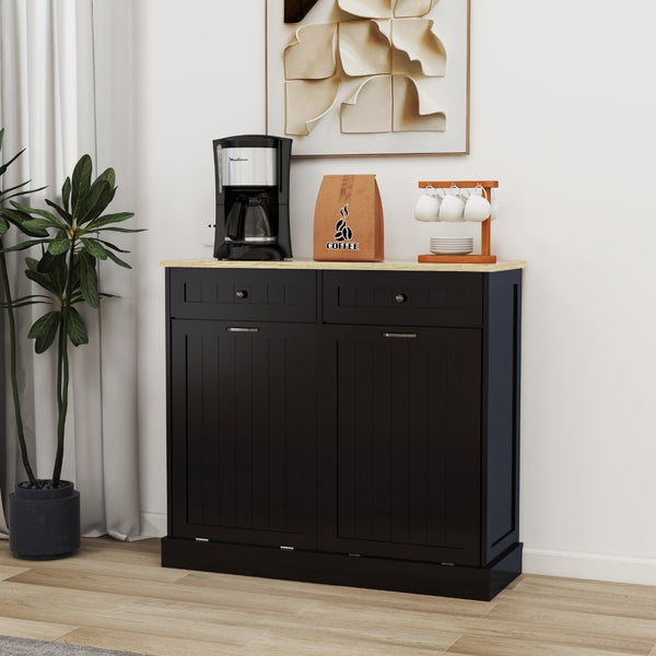English Elm Two Compartment Tilt Out Trash Cabinet with Drawers Matte Black Kitchen Storage W1120127329