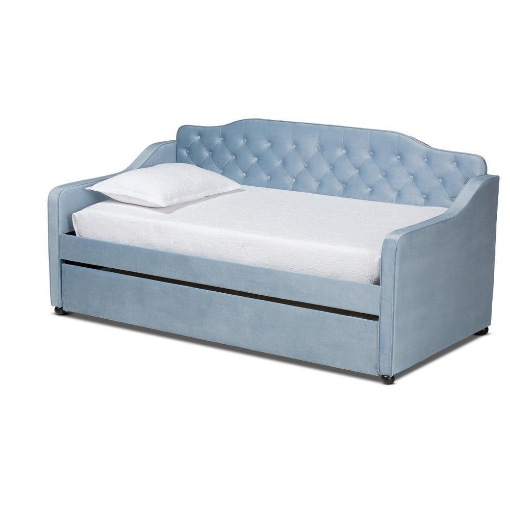 Baxton Studio Baxton Studio Freda Twin Daybed with Trundle - Elegant Light Blue Velvet, Button Tufted Design, Space-Saving Solution Freda-Light Blue Velvet-Daybed-T/T