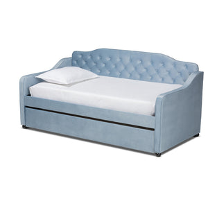 Baxton Studio Baxton Studio Freda Twin Daybed with Trundle - Elegant Light Blue Velvet, Button Tufted Design, Space-Saving Solution Freda-Light Blue Velvet-Daybed-T/T
