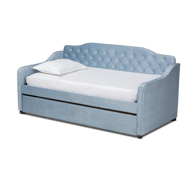 Baxton Studio Baxton Studio Freda Twin Daybed with Trundle - Elegant Light Blue Velvet, Button Tufted Design, Space-Saving Solution Freda-Light Blue Velvet-Daybed-T/T
