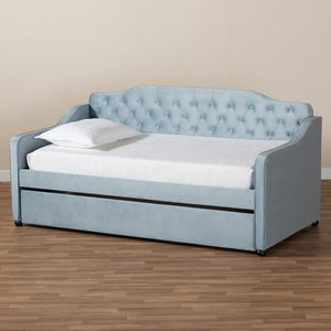 Baxton Studio Baxton Studio Freda Twin Daybed with Trundle - Elegant Light Blue Velvet, Button Tufted Design, Space-Saving Solution Freda-Light Blue Velvet-Daybed-T/T