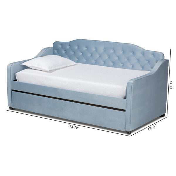 Baxton Studio Baxton Studio Freda Twin Daybed with Trundle - Elegant Light Blue Velvet, Button Tufted Design, Space-Saving Solution Freda-Light Blue Velvet-Daybed-T/T