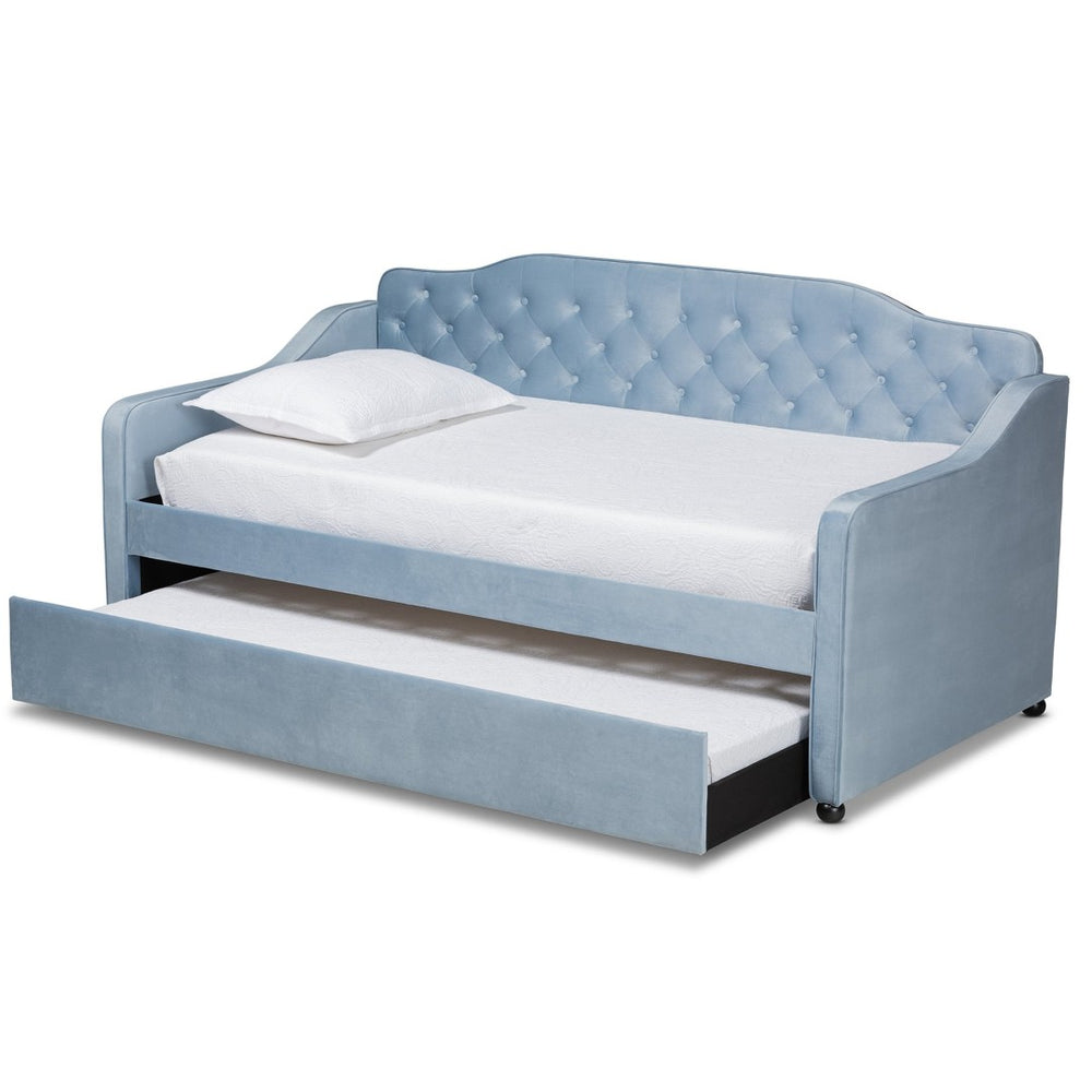 Baxton Studio Baxton Studio Freda Twin Daybed with Trundle - Elegant Light Blue Velvet, Button Tufted Design, Space-Saving Solution Freda-Light Blue Velvet-Daybed-T/T