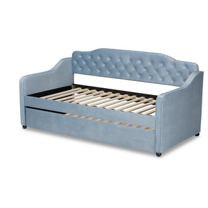 Baxton Studio Baxton Studio Freda Twin Daybed with Trundle - Elegant Light Blue Velvet, Button Tufted Design, Space-Saving Solution Freda-Light Blue Velvet-Daybed-T/T