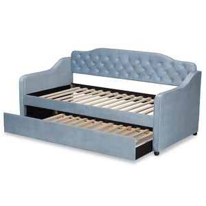 Baxton Studio Baxton Studio Freda Twin Daybed with Trundle - Elegant Light Blue Velvet, Button Tufted Design, Space-Saving Solution Freda-Light Blue Velvet-Daybed-T/T