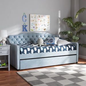 Baxton Studio Baxton Studio Freda Twin Daybed with Trundle - Elegant Light Blue Velvet, Button Tufted Design, Space-Saving Solution Freda-Light Blue Velvet-Daybed-T/T