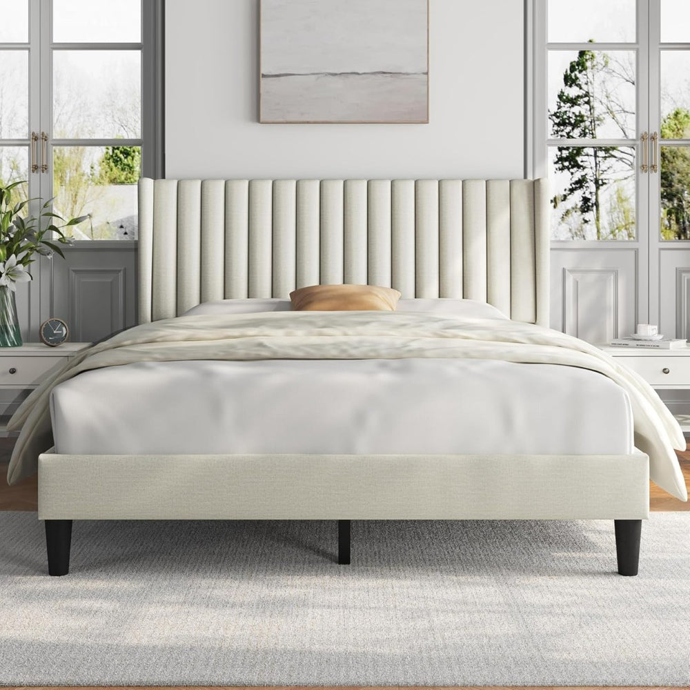 English Elm Queen Platform Bed with Tall Upholstered Headboard Neutral Beige Fabric Sturdy Frame W5239P451602
