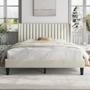 English Elm Queen Platform Bed Upholstered Beige Fabric Headboard Wooden Slat Base No Box Spring W5239P452871