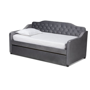Baxton Studio Baxton Studio Elegant Grey Velvet Daybed with Trundle – Stylish Button-Tufted Twin Sleeping Solution Freda-Grey Velvet-Daybed-T/T