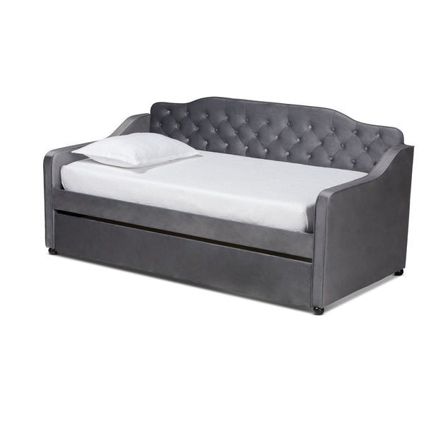 Baxton Studio Baxton Studio Elegant Grey Velvet Daybed with Trundle – Stylish Button-Tufted Twin Sleeping Solution Freda-Grey Velvet-Daybed-T/T