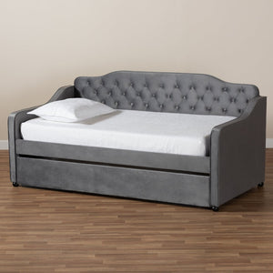 Baxton Studio Baxton Studio Elegant Grey Velvet Daybed with Trundle – Stylish Button-Tufted Twin Sleeping Solution Freda-Grey Velvet-Daybed-T/T