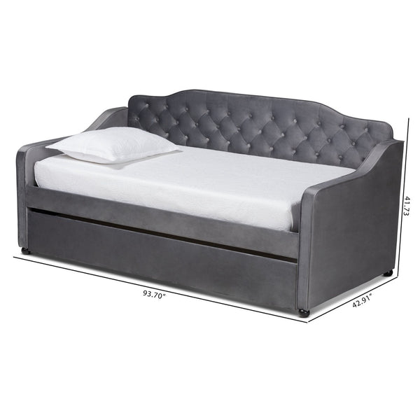 Baxton Studio Baxton Studio Elegant Grey Velvet Daybed with Trundle – Stylish Button-Tufted Twin Sleeping Solution Freda-Grey Velvet-Daybed-T/T
