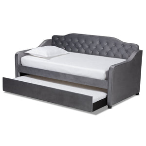 Baxton Studio Baxton Studio Elegant Grey Velvet Daybed with Trundle – Stylish Button-Tufted Twin Sleeping Solution Freda-Grey Velvet-Daybed-T/T