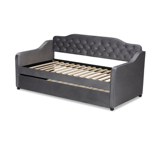 Baxton Studio Baxton Studio Elegant Grey Velvet Daybed with Trundle – Stylish Button-Tufted Twin Sleeping Solution Freda-Grey Velvet-Daybed-T/T