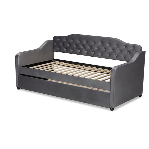 Baxton Studio Baxton Studio Elegant Grey Velvet Daybed with Trundle – Stylish Button-Tufted Twin Sleeping Solution Freda-Grey Velvet-Daybed-T/T
