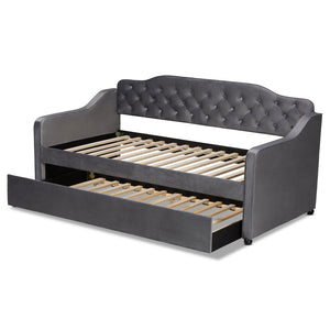 Baxton Studio Baxton Studio Elegant Grey Velvet Daybed with Trundle – Stylish Button-Tufted Twin Sleeping Solution Freda-Grey Velvet-Daybed-T/T