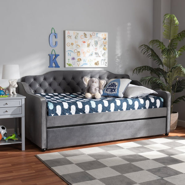 Baxton Studio Baxton Studio Elegant Grey Velvet Daybed with Trundle – Stylish Button-Tufted Twin Sleeping Solution Freda-Grey Velvet-Daybed-T/T