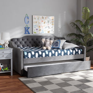 Baxton Studio Baxton Studio Elegant Grey Velvet Daybed with Trundle – Stylish Button-Tufted Twin Sleeping Solution Freda-Grey Velvet-Daybed-T/T