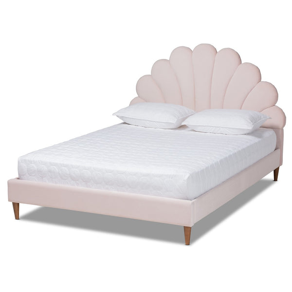 Baxton Studio Baxton Studio Odille Queen Size Seashell Platform Bed in Light Pink Velvet with Walnut Brown Legs BBT6897-Light Pink Velvet/Walnut-Queen