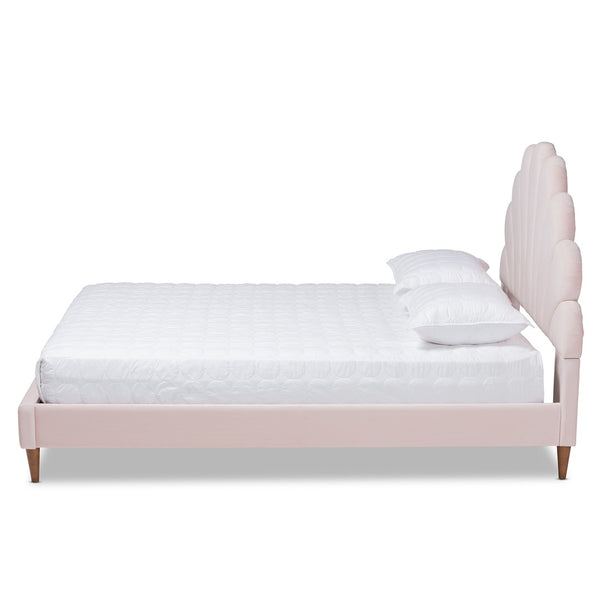 Baxton Studio Baxton Studio Odille Queen Size Seashell Platform Bed in Light Pink Velvet with Walnut Brown Legs BBT6897-Light Pink Velvet/Walnut-Queen