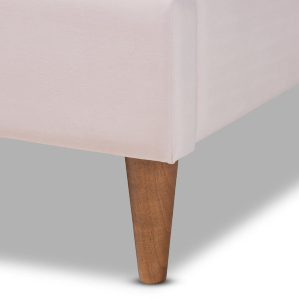 Baxton Studio Baxton Studio Odille Queen Size Seashell Platform Bed in Light Pink Velvet with Walnut Brown Legs BBT6897-Light Pink Velvet/Walnut-Queen