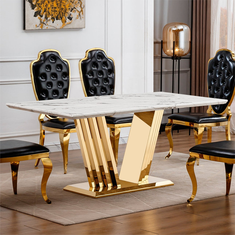 English Elm Marble Dining Table For 6-8 People - Elegant Faux Marble Top With Gold Mirrored Base For Modern Spaces W3456S00048