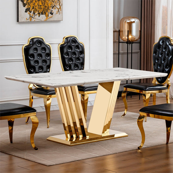 English Elm Marble Dining Table For 6-8 People - Elegant Faux Marble Top With Gold Mirrored Base For Modern Spaces W3456S00048