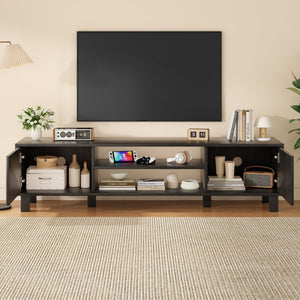 English Elm Modern Low Profile Media Console with Open Shelving and Concealed Cabinet Storage Black T3623P435424