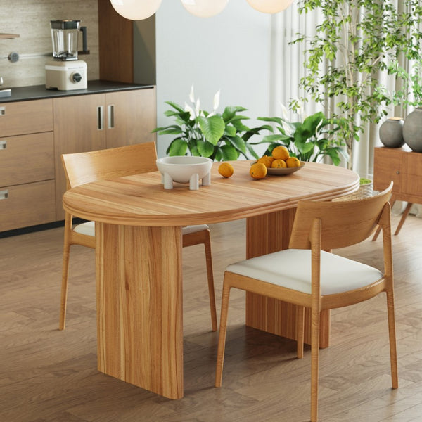 English Elm 55.11"-70.86" Extendable Dining Table with Sculpted Striped Legs Seats Six in Modern Style Natural Walnut W757P411752
